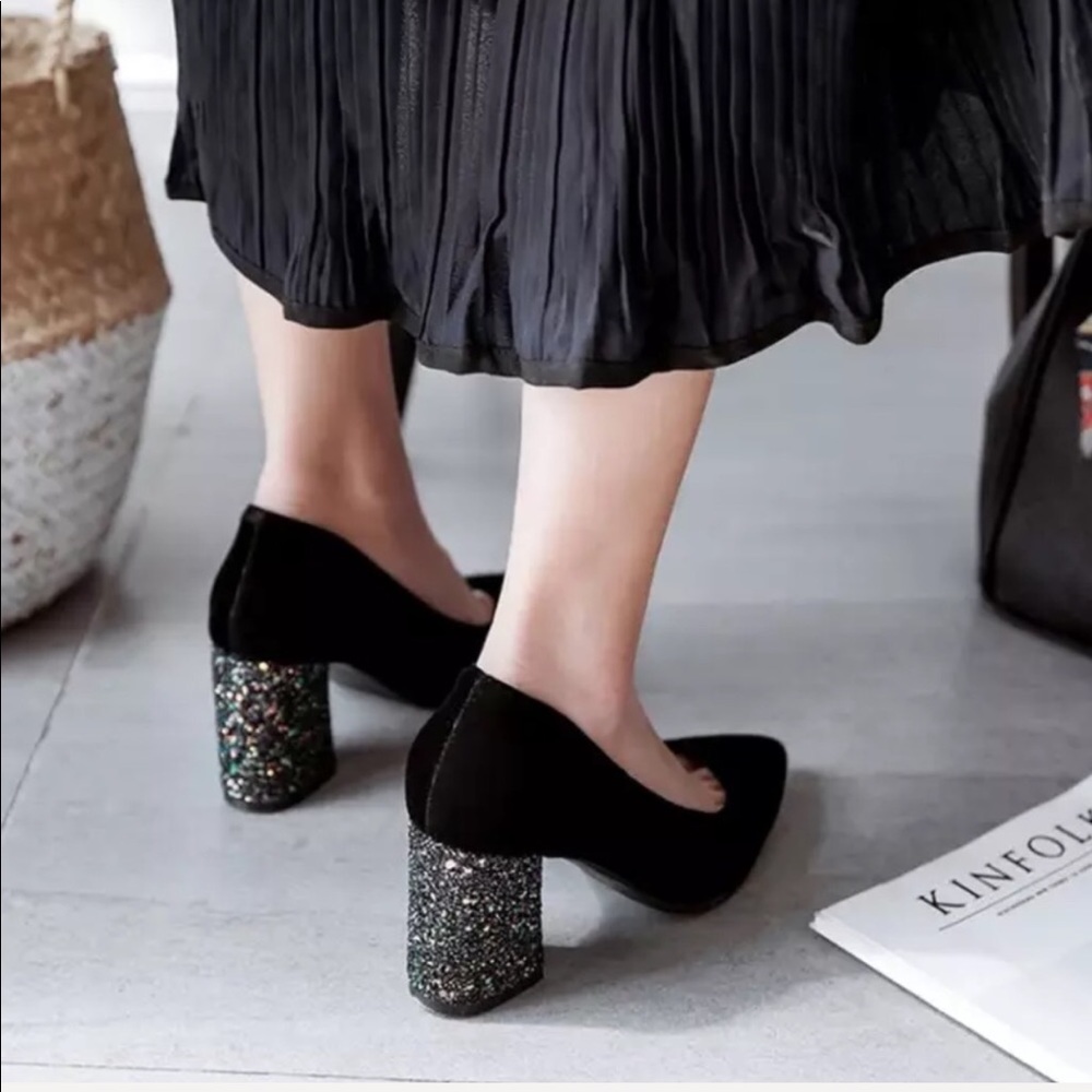 Velvet Sparkle Chunky Heel Holiday Pumps 3 Colors - Picture 7 of 8